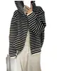 Casaco Cardigan Casual de Outono, Tricô Listrado Solto com Capuz, Cor Sólida Regular, Tendência Chinesa Manga Longa
