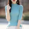 Estilo Novo de Primavera Algodão Puro Gola Meia-Alta Manga Três Quartos Suéter Base Tricotado Cor Sólida Versátil Estilo Coreano Top Canelado Roupa Feminina