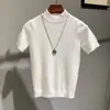 Camiseta Masculina de Malha com Gola Alta Estilo Coreano de Luxo Leve, Moletom de Seda Gelada de Manga Curta, Camisa Lisa Fresca e Respirável de Gola Semi-Alta, Tendência