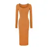 Vestido sexy estilo americano com decote coração, caimento que emagrece, vestido longo, malha canelada, plissado, acinturado, mangas compridas, justo ao corpo, algodão