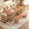 Conjunto de Mesa e Cadeiras de Jantar em Rattan e Madeira Maciça, Sala de Jantar Simples para Casa Estilo Wabi-Sabi, Mesa de Chá e Cadeiras Retangulares Cor de Madeira Natural
