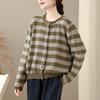 Toma Real de 25 Cardigan de Punto de Manga Larga a Rayas Bloques de Color Estilo Retro Perezoso Otoño e Invierno, Abrigo Suéter Adelgazante de Corte Holgado