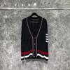 TIME BREATHE TB longo cardigã feminino vermelho Branco Azul Fita estilo coreano suéter quente de malha com decote em V casaco