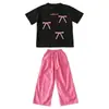 Conjunto de Verão para Meninas com Manga Curta e Calça Longa 2026 Novo Estiloso Conjunto de Verão Camiseta Casual Calça Infantil Fina de Perna Larga Tendência