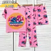 Pijama de Verano para Niños Conjunto de Tres Piezas con Camiseta de Manga Corta, Shorts y Pantalones Largos para Niños y Niñas Ropa de Casa de Dibujos Animados para Niños Pequeños y Medianos Estilo de Dibujos Animados