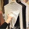 Camisa Base de Malha de Gola Alta com Ondas d'Água Elástica para Mulheres, Top de Renda Estiloso e Fashion, Blusa Novo Estilo 2026