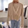 Suéter de punto con cuello en V de procesamiento OEM para mujer, otoño puro y dulce, top de manga larga, corte ajustado y favorecedor