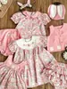 Wuri Boo Conjunto de Roupa Rosa de Coelho Floral para Menina: Camisa, Colete, Saia, Shorts de Verão, Vestido Infantil
