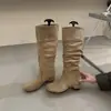 Botas plisadas apiladas de estilo coreano para mujer que aumentan la altura, nuevas botas de montar ajustadas para otoño e invierno 2026, botas de caña alta de gamuza para mujer