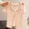 Camiseta feminina estilo americano, com estampa de bolinhas, gola Peter Pan, manga curta, picante, versão coreana de verão, falsa blusa de duas peças, color blocking, versátil, top slim fit, moderno