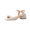 Sandalias elegantes de piel de vaca para mujer, con lazo, combinables, de verano 2023, con tacón medio grueso, punta cuadrada y punta abierta.