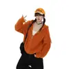 Suéter con capucha de punto trenzado estilo americano para mujer, holgado y casual, versátil, simple, naranja, con cremallera y un corte relajado