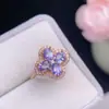 Anel de Prata 925 Estilo Influenciador Coreano e Japonês do TikTok com Tanzanita Natural Flor de Quatro Pétalas Anel Aberto para Mulheres, Único, Requintado e Elegante