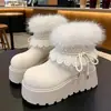 Botas de Neve Peludas Brancas com Solado Grosso para Mulheres, Novo Estilo Inverno 2026, Forradas com Lã, Engrossadas, Quentes, de Cano Médio, Botas Peludas Fofas
