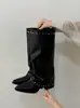 Botas de punta con remaches para mujer, colección otoño 2026, botas altas estilo western, diseño retro, tallas grandes, tacones bajos, botas largas versátiles