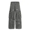 Yongfang Estilo Calle Americano Unisex Moda Urbana de Calle de Alta Gama Diseño Vintage Desgastado Pantalones Cargo Holgados de Hombre con Tiro Bajo