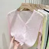 Cárdigan de punto con cuello en V de seda helada, protección solar fina de verano para mujer, chal exterior blanco, camisa para aire acondicionado, top corto