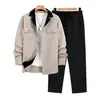 Conjunto de Camisa de Cuello Cubano para Hombre Europeo y Americano al por Mayor en Stock, Camisa de Manga Larga con Solapa de Bloques de Color, Conjunto de Dos Piezas de Pantalones Largos Casual