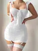 Popular Transfronteiriço Decote em V Profundo Renda Amarração Vazado Sexy Suspensório Plissado Justo Saia que Cobre o Quadril Sexy Conjunto de Lingerie com Cinta-Liga