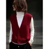 Chaleco de punto rojo retro francés con cuello en V para mujer, adecuado para ir al trabajo, de un solo pecho, elegante chaleco de punto para superponer