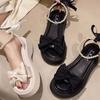 Sandalias de lazo para mujer, novedad de verano 2023, estilo hada de una sola tira, suela gruesa, con perlas, punta abierta, zapatos romanos para mujer