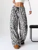 Marca independente transfronteiriça, estilo europeu e americano, calça pantalona com estampa de leopardo para mulheres, cintura alta, fluida, comprimento até o chão, modelagem solta, modeladora, casual e adequada para o uso diário