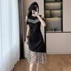 Saia Midi Evasê de Ombro a Ombro Patchwork Vestido Novo Estilo Feminino Cintura Marcada Emagrecedor Verão Plissado Design de Estampa Floral Francesa Moderno