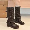 Hebilla de cinturón de cuero sintético botas de moda western para mujer 2026 otoño nuevo estilo botín plisado botas de caña alta