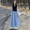 Vestido Tutú de Capullo de Flor Azul para Mujer Verano Delgado 2025 Nuevo Estilo Coreano Cintura Alta Adelgazante Seda de Hielo Linterna Falda de Longitud Media