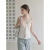 Camisola sin mangas con volantes florales dulces para mujer, verano 2026, corte ajustado, top corto exterior