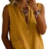 2026 Elegante Camisa de Algodón y Lino con Cuello Alto Fruncido Top de Verano sin Mangas
