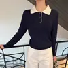 Suéter de punto retorcido estilo retro coreano con bloques de color, mangas largas ajustadas, cuello polo, nuevo modelo 2026, suéter básico para mujer