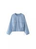 Lou Fu Otoño Nuevo Estilo Coreano Suéter de Nylon con Bolsillo Cuello Redondo Dobladillo Suelto Cordón Transpirable Top Casual para Mujer