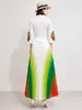 Vestido vintage plissado estilo francês com gola virada de outono, mangas sino, design floral tridimensional, gradiente arco-íris e barra plissada grande para mulheres