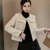 Jaqueta curta de gola redonda, de abotoamento simples, para mulheres, adequada para primavera e outono, com um estilo chique e elegante, efeito emagrecedor e mangas compridas versáteis.