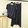 Traje de falda de manga corta con cuello en V de modal para mujer, prenda exterior de verano, ropa de estar talla grande, corte holgado, adelgazante, conjunto casual de dos piezas