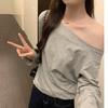 Camiseta Feminina Cinza Manga Longa Ombro a Ombro Outono Inverno Inicial Solta Ombro Caído Relaxamento Garotas Pop Sexy Único Elegante Top