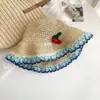 Sombrero de Paja de Cereza Estilo Étnico para Mujer, Sombrero de Sol para Vacaciones en la Playa de Verano, Sombrero de Sol Plegable de Ala Ancha