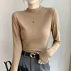 Camiseta de algodón acanalado de manga larga para mujer con cuello semi-alto, camiseta básica versátil para primavera y otoño, top moderno de estilo coreano ajustado