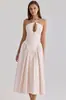 Atuendo Suave para una Cita con un Vestido Largo: Vestido Europeo y Americano Transfronterizo de Cuello Halter con Corte en la Cintura Ajustable y Falda de Campana Adelgazante