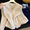 Suéter de tricô gola V suave estilo Chanel de manga comprida Outono/Inverno plus size feminino roupa para gordinhas MM cardigã solto emagrecedor top