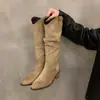 Botas Apiladas Vintage Marrones Melard con Corte en V, Botas Largas hasta Media Pantorrilla para Mujer, Botas Largas Puntiagudas Primavera, Otoño, Invierno 2026