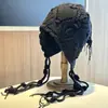 Gorro de Ganchillo Hueco Hecho a Mano para Mujer, Rojo Irregular con Borlas, Cálido, Protección para las Orejas, Ranura Trasera, Gorro de Punto de Color Sólido