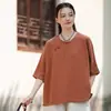 Camisa de manga corta de verano, top de algodón y lino con botones para mujer, estilo chino vintage, corte holgado, cuello diagonal, atuendo Zen para té, camiseta de madre