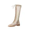 Botas largas huecas con cordones Chuyuji, botas de malla frescas para mujer, botas de tubo alto finas de verano, impresionantes y elegantes, tacón grueso, punta redonda de malla