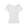 Estilo Desejo Puro Básico Camiseta Feminina de Verão Irregular Elástica Fina Slim-fit Emagrecimento Top de Ombro Manga Curta Decote V Grande