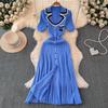 Outono e Inverno Estilo Xiaoxiang Celebridade Senhora Manga Curta Gola Bordada Contrastante Cintura Emagrecimento Botão Único Forma A Vestido Tricô