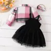 Set de Tres Piezas Popular Transfronterizo para Bebé de Primavera y Otoño de Amazon, Chaqueta a Cuadros de Manga Abullonada, Falda de Gasa con Tirantes y Lazo, Diadema