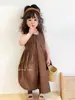 Vestido de Verano sin Mangas para Niña Estilo Coreano Vintage Vestido de Línea A Vestido de Tirantes Elegante para Bebé Color Sólido Algodón Vestido de Princesa
