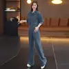 Conjunto de Roupa Feminina Estilo Novo Outono 2026: Camisa Jeans com Gola Reversível e Ajuste na Cintura e Calça Wide Leg de Cintura Alta Conjunto de Duas Peças